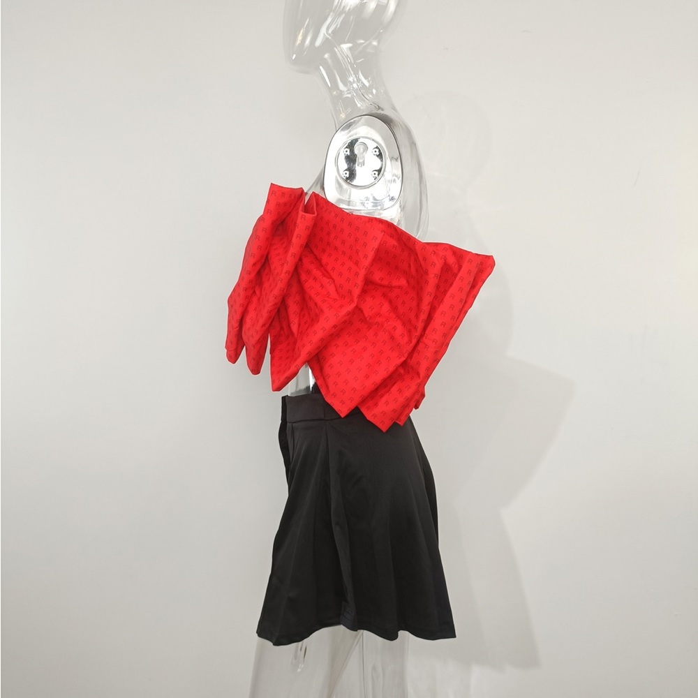 Red “R” Print Big Bow Strapless Top - Picture 4 of 4